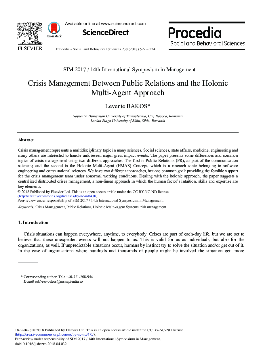 Crisis Management Between Public Relations and the Holonic Multi-Agent Approach