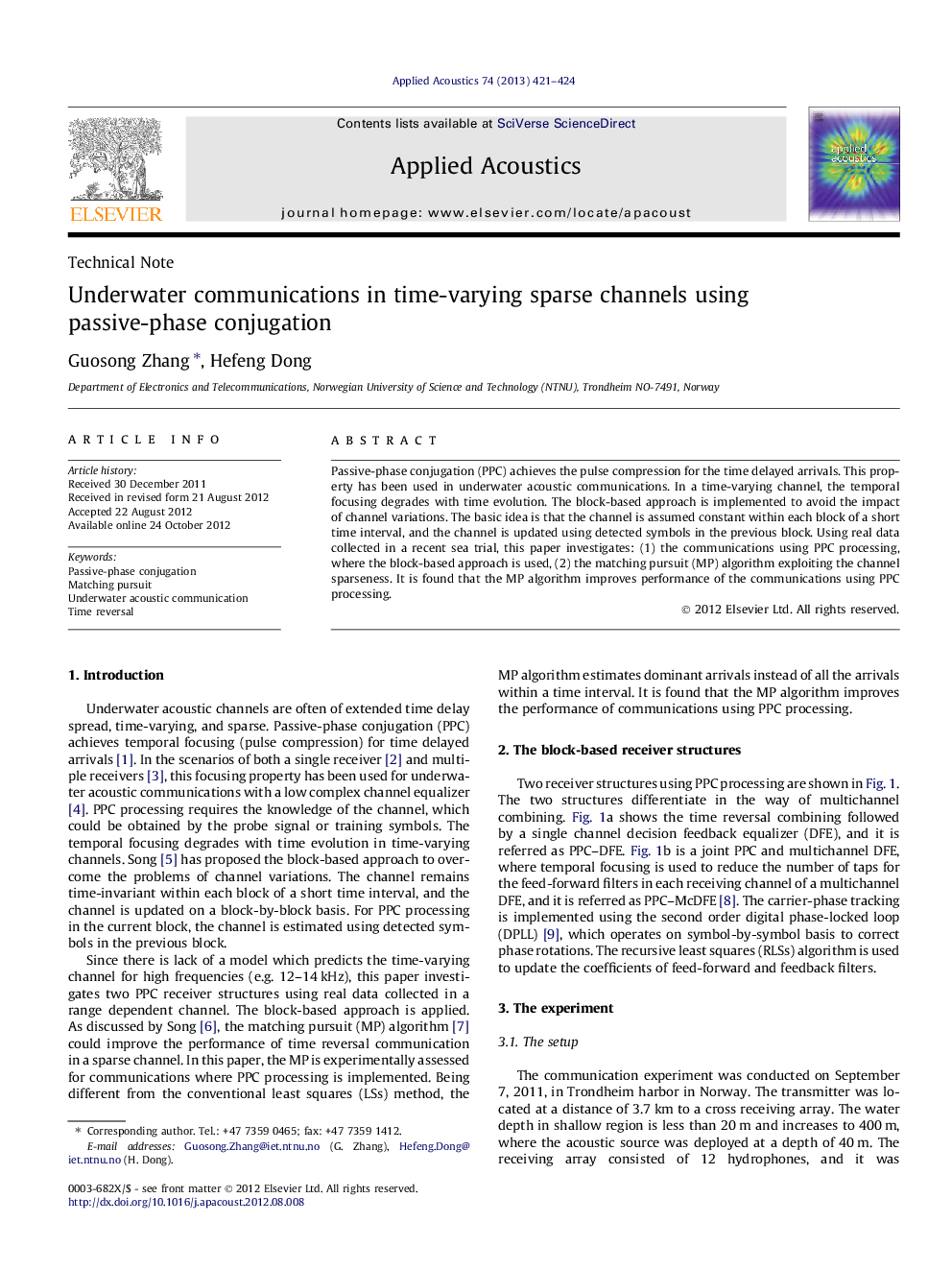 Underwater communications in time-varying sparse channels using passive-phase conjugation