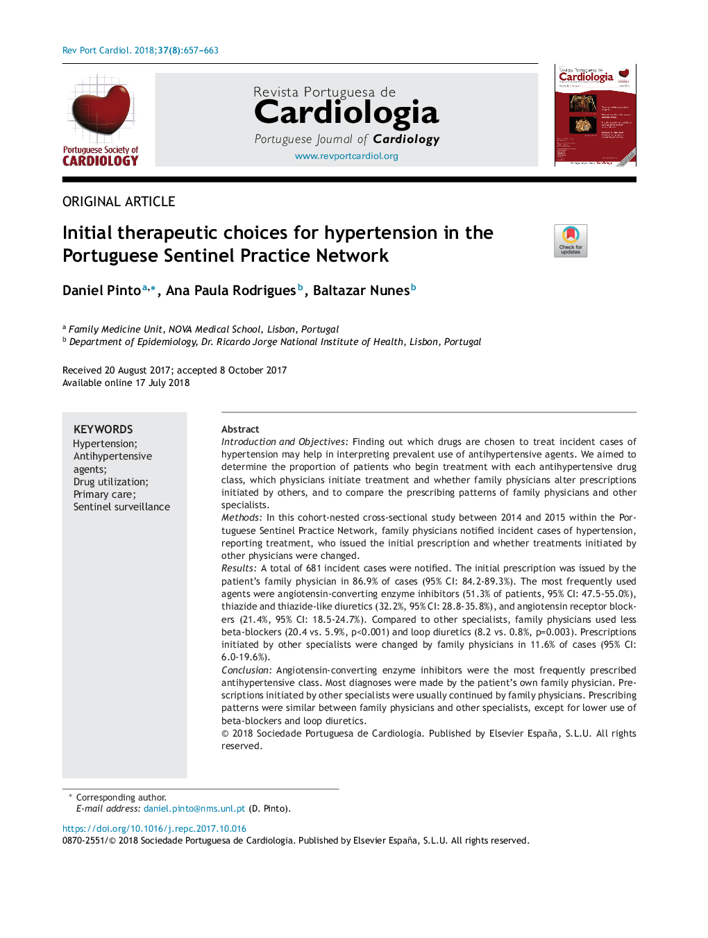 Initial therapeutic choices for hypertension in the Portuguese Sentinel Practice Network