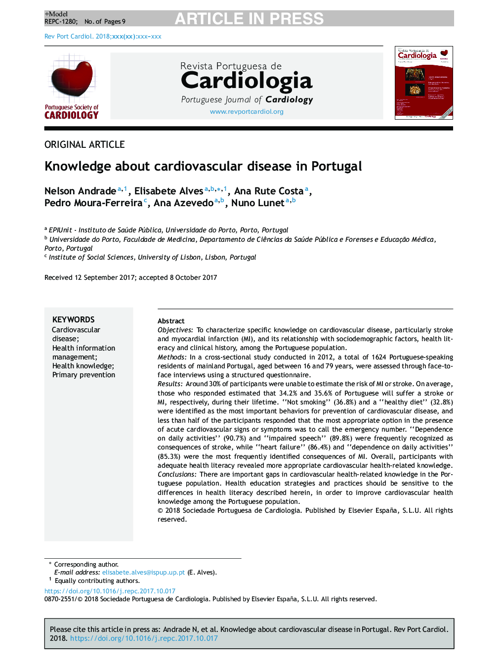 دانش در مورد بیماری های قلبی عروقی در پرتغال 
