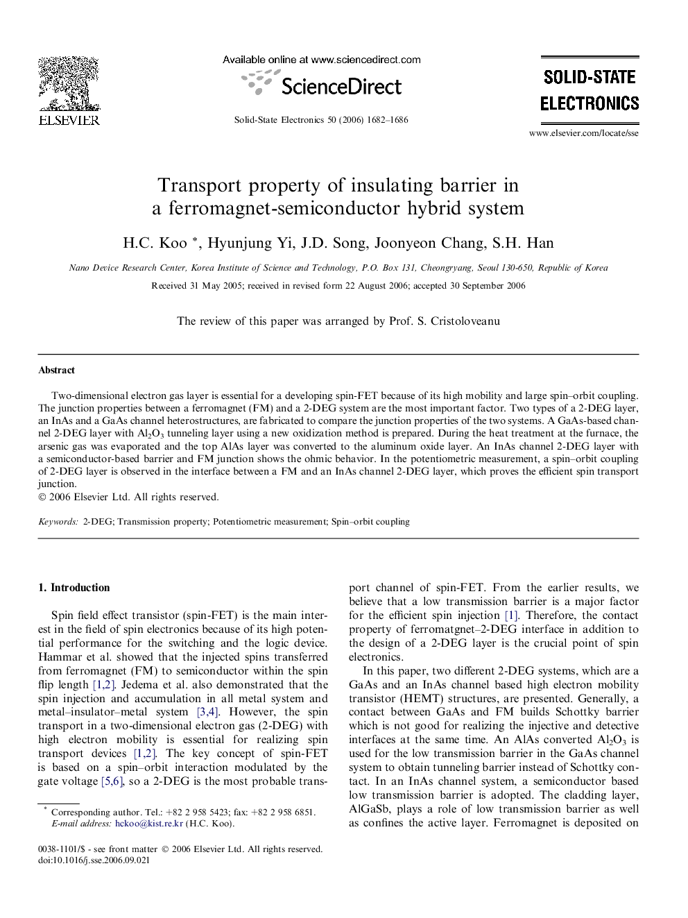 عکس صفحه اول مقاله: Transport property of insulating barrier in a ferromagnet-semiconductor hybrid system Transport property of insulating barrier in a ferromagnet-semiconductor hybrid system