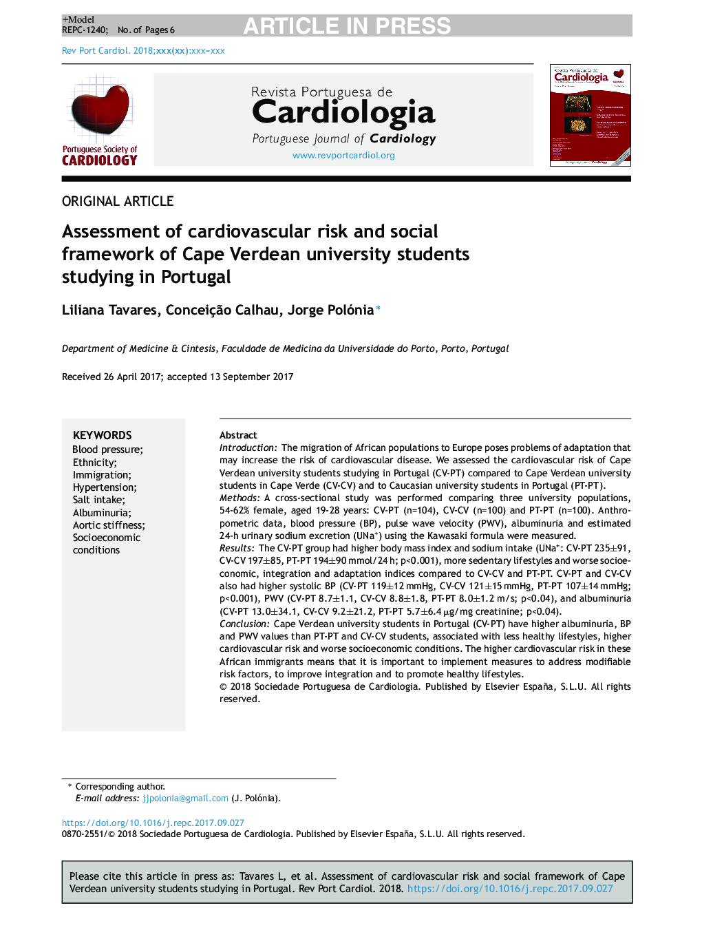 Assessment of cardiovascular risk and social framework of Cape Verdean university students studying in Portugal