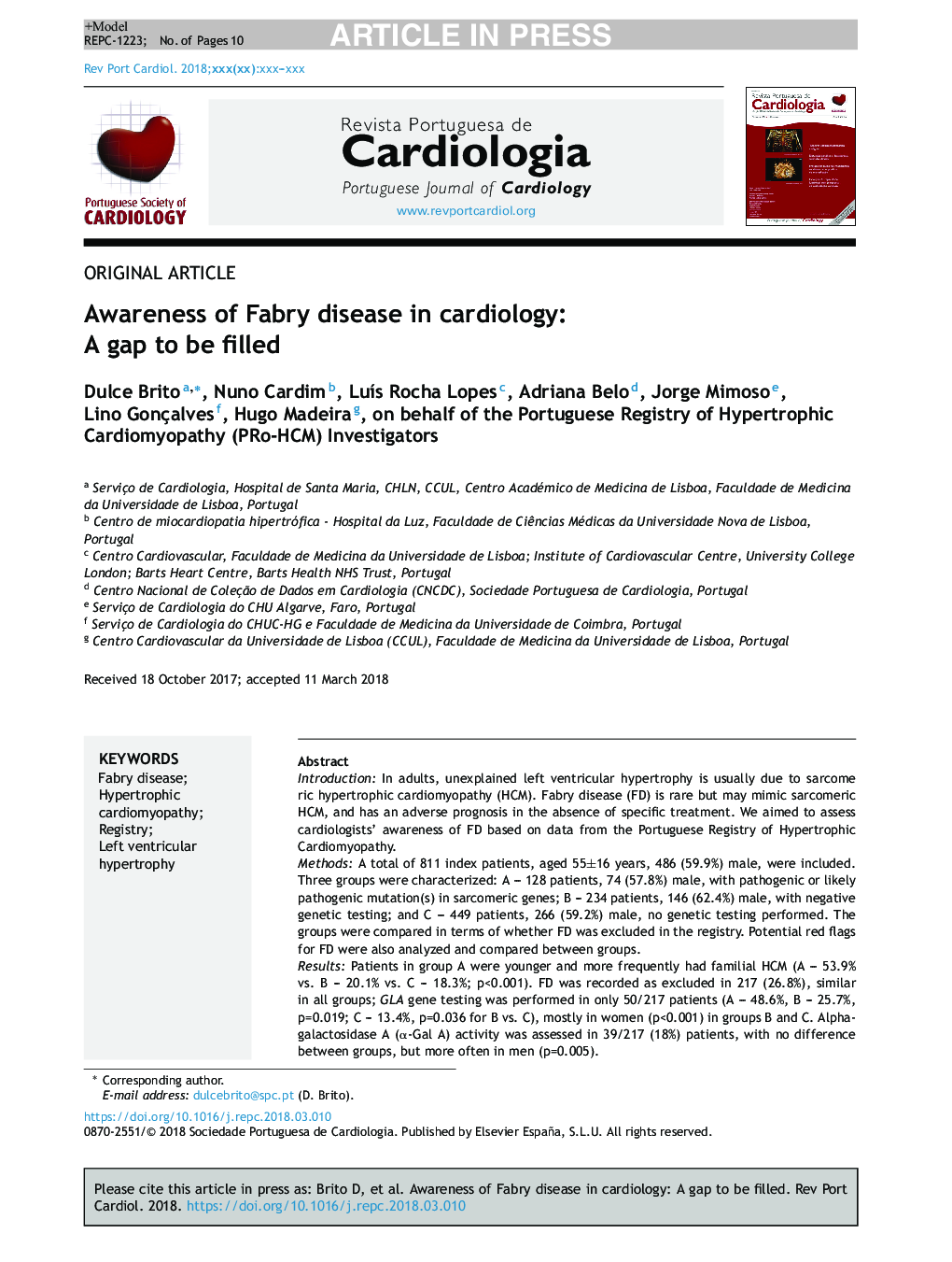 Awareness of Fabry disease in cardiology: A gap to be filled