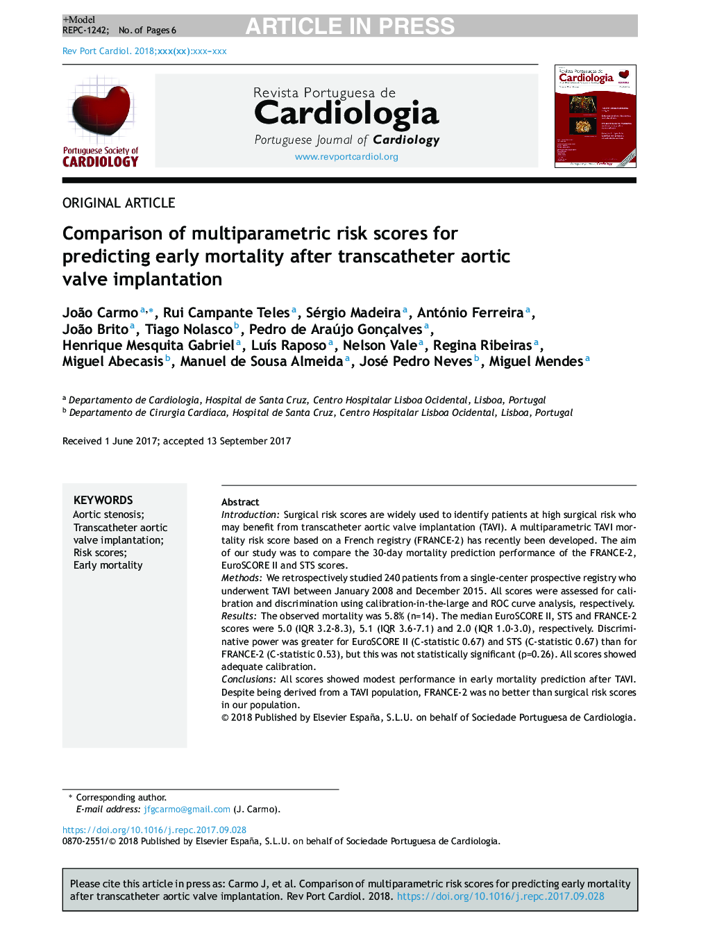 Comparison of multiparametric risk scores for predicting early mortality after transcatheter aortic valve implantation