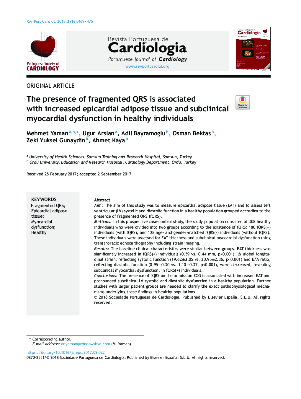 The presence of fragmented QRS is associated with increased epicardial adipose tissue and subclinical myocardial dysfunction in healthy individuals