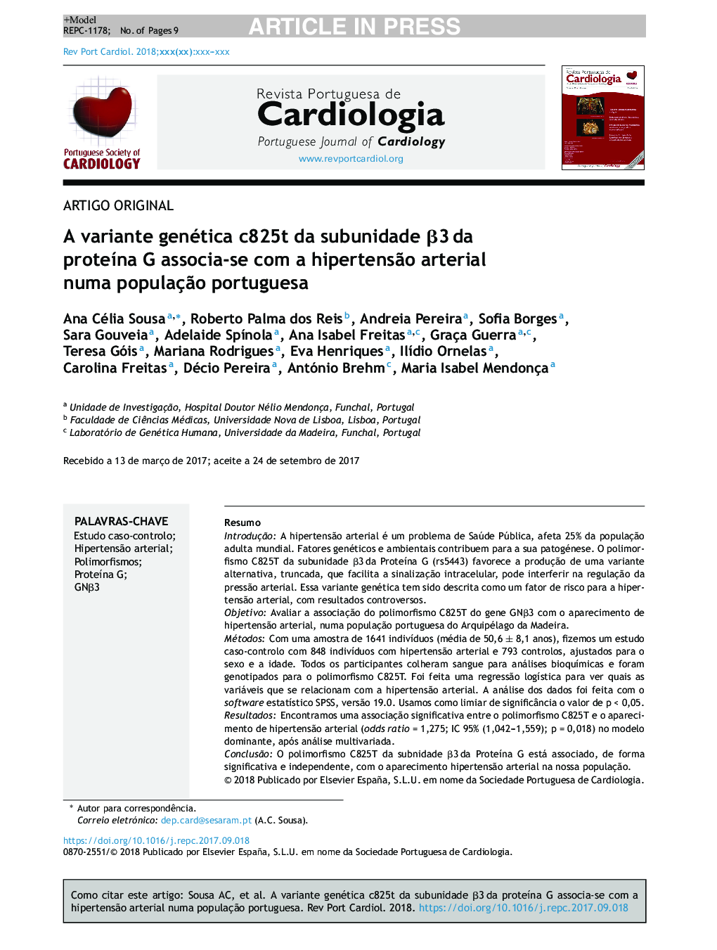 A variante genética c825t da subunidade Î²3Â da proteÃ­na G associaâse com a hipertensÃ£o arterial numa populaçÃ£o portuguesa