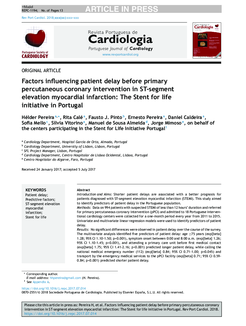 Factors influencing patient delay before primary percutaneous coronary intervention in ST-segment elevation myocardial infarction: The Stent for life initiative in Portugal