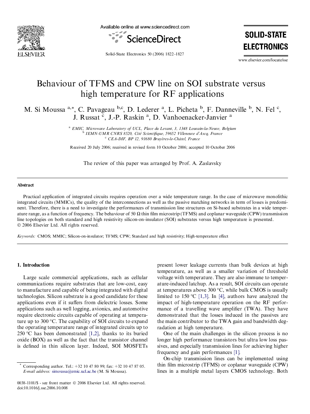 Behaviour of TFMS and CPW line on SOI substrate versus high temperature for RF applications