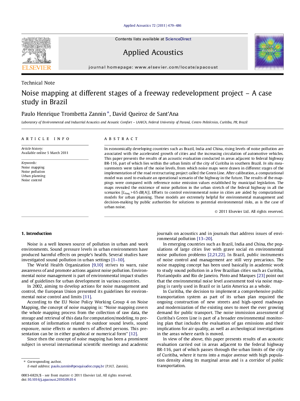 Noise mapping at different stages of a freeway redevelopment project – A case study in Brazil