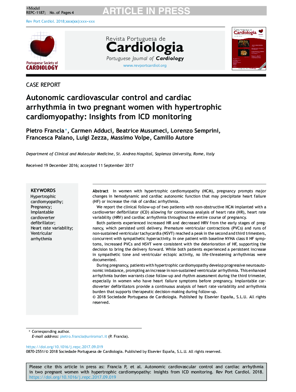 Autonomic cardiovascular control and cardiac arrhythmia in two pregnant women with hypertrophic cardiomyopathy: Insights from ICD monitoring