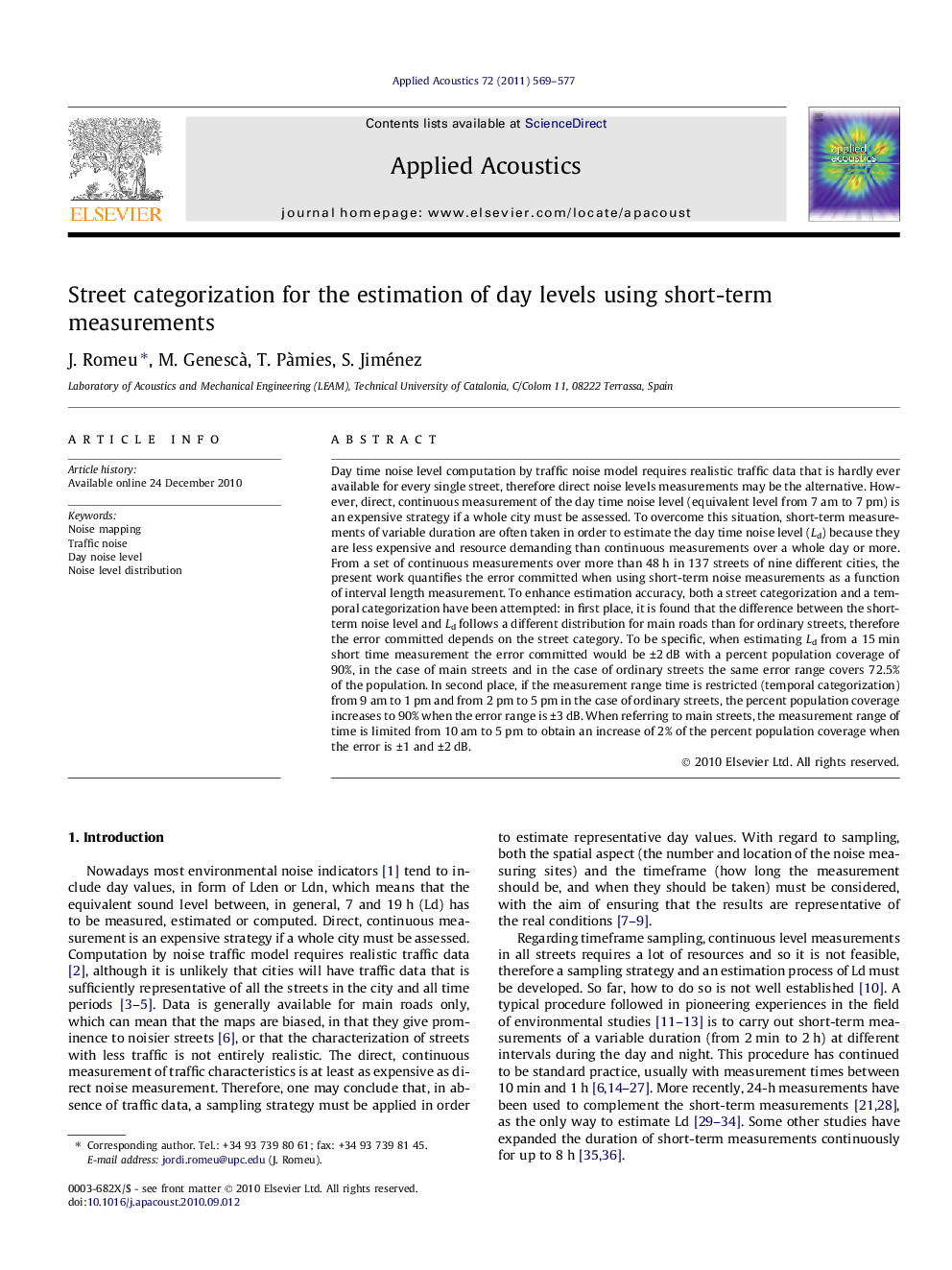 Street categorization for the estimation of day levels using short-term measurements