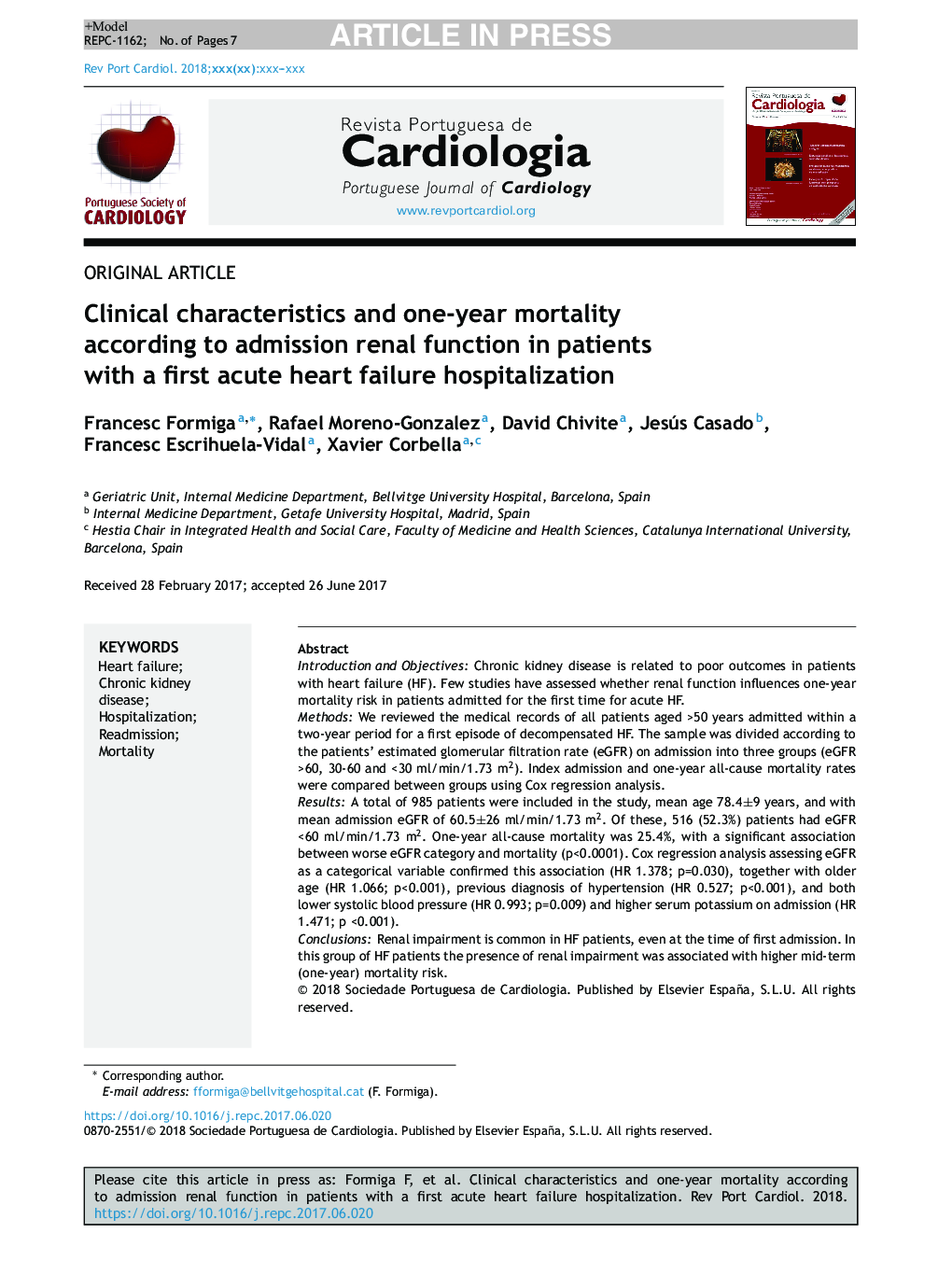 Clinical characteristics and one-year mortality according to admission renal function in patients with a first acute heart failure hospitalization