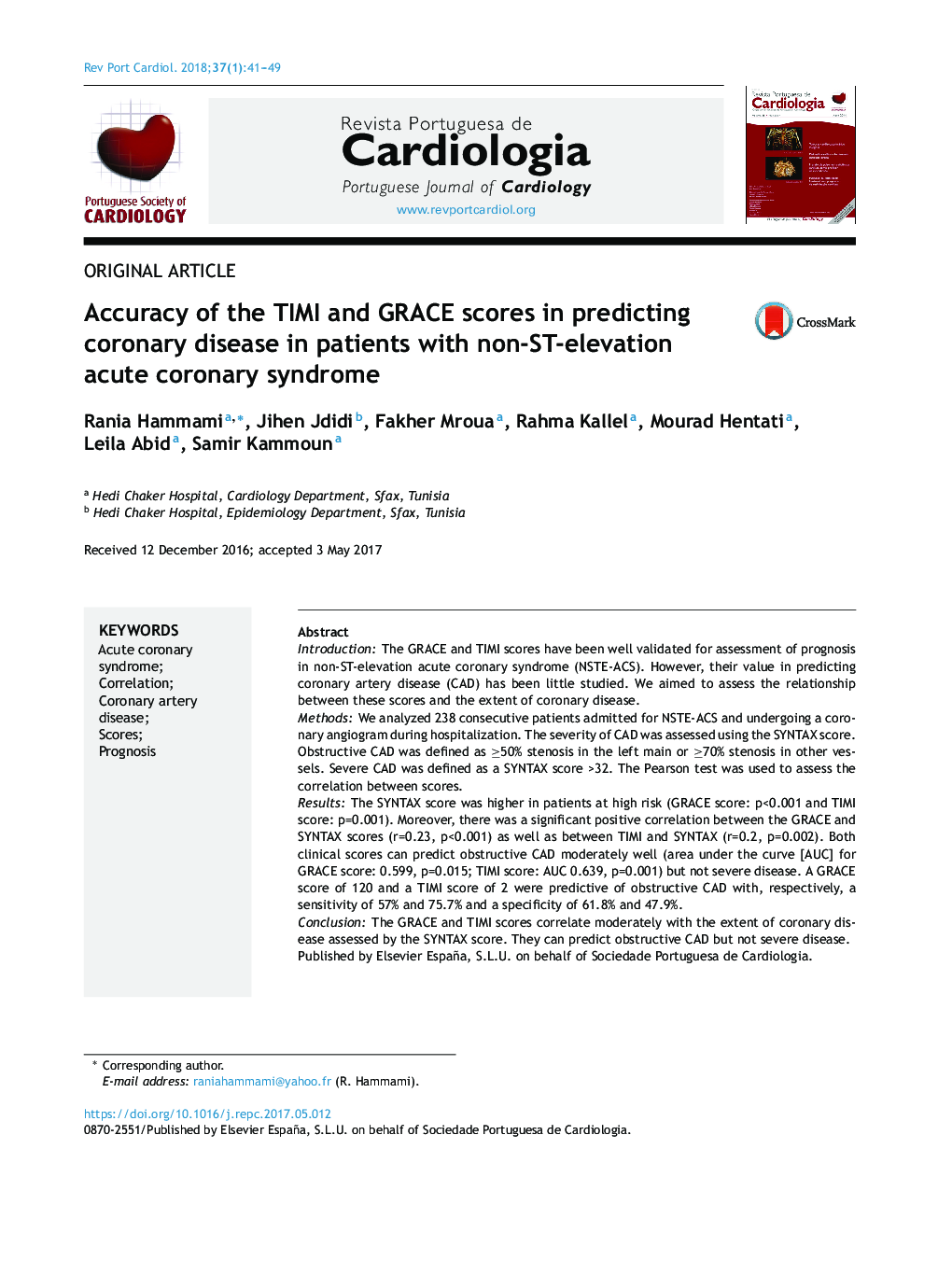 Accuracy of the TIMI and GRACE scores in predicting coronary disease in patients with non-ST-elevation acute coronary syndrome