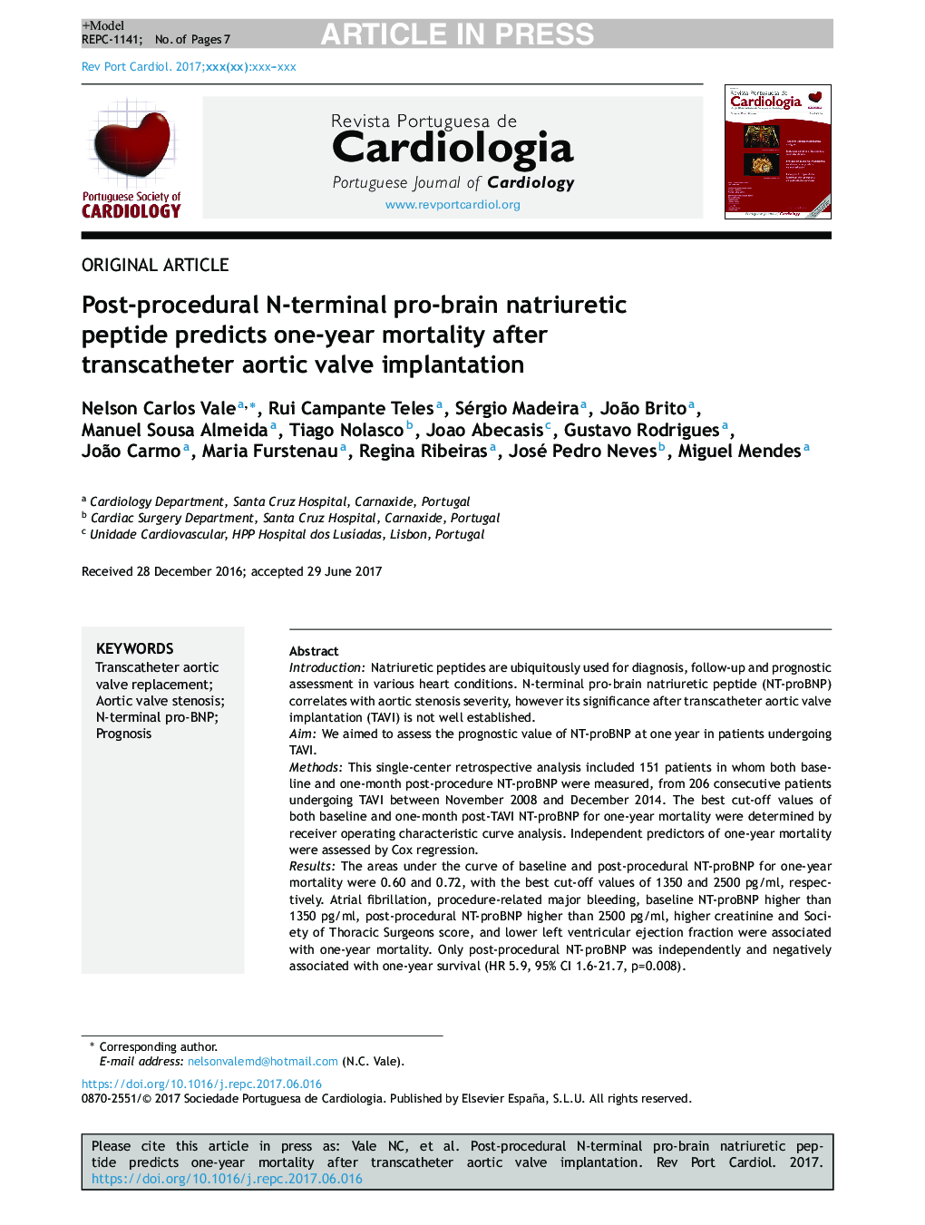 Post-procedural N-terminal pro-brain natriuretic peptide predicts one-year mortality after transcatheter aortic valve implantation