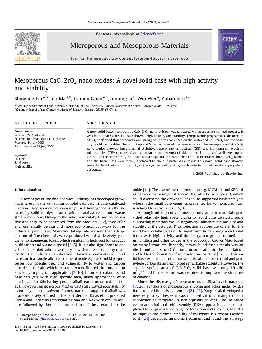 عکس صفحه اول مقاله: Mesoporous CaO–ZrO2 nano-oxides: A novel solid base with high activity and stability Mesoporous CaO–ZrO2 nano-oxides: A novel solid base with high activity and stability