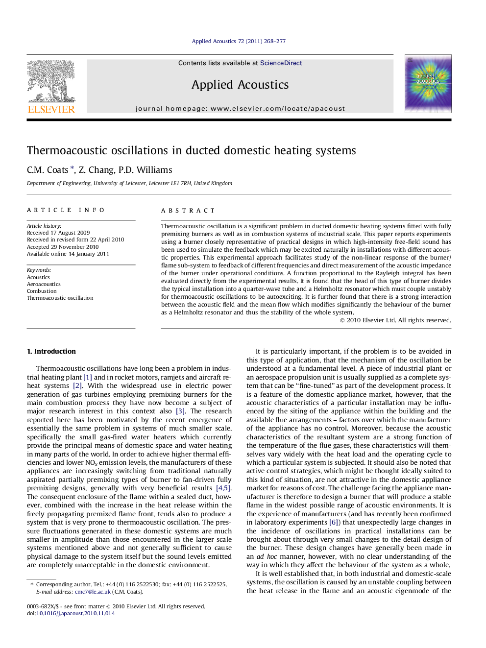 Thermoacoustic oscillations in ducted domestic heating systems