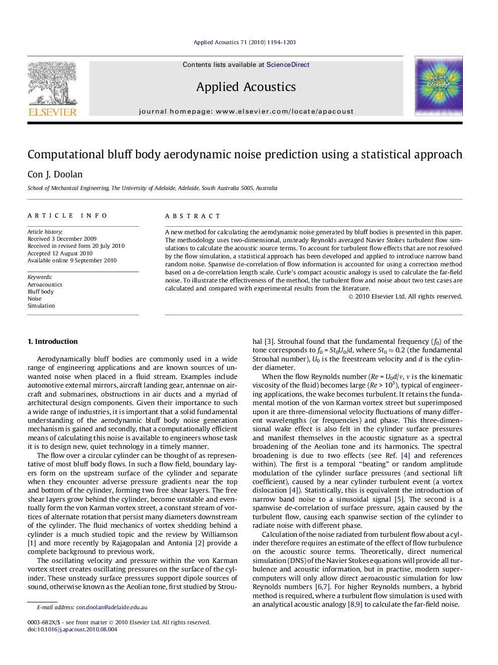 Computational bluff body aerodynamic noise prediction using a statistical approach