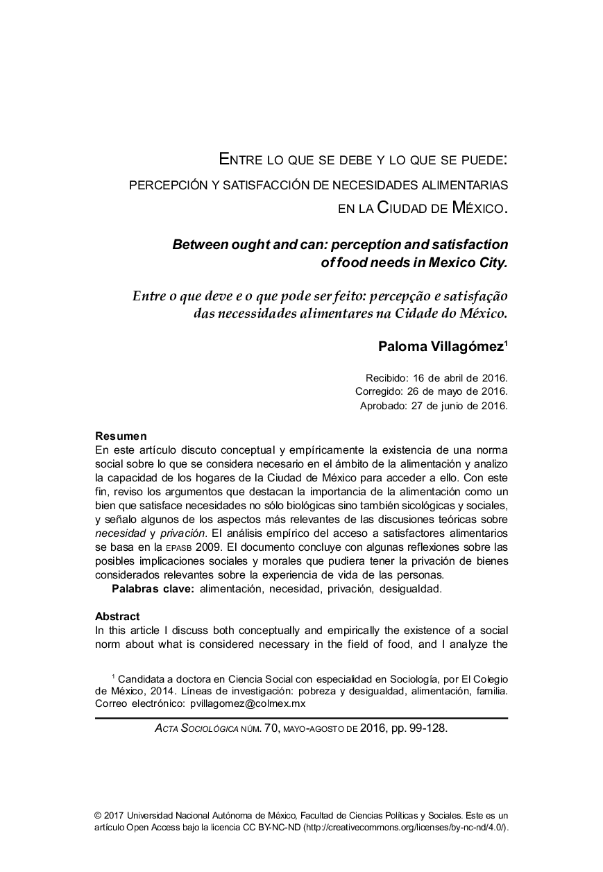 ENTRE LO QUE SE DEBE Y LO QUE SE PUEDE: PERCEPCIÃN Y SATISFACCIÃN DE NECESIDADES ALIMENTARIAS EN LA CIUDAD DE MÃXICO