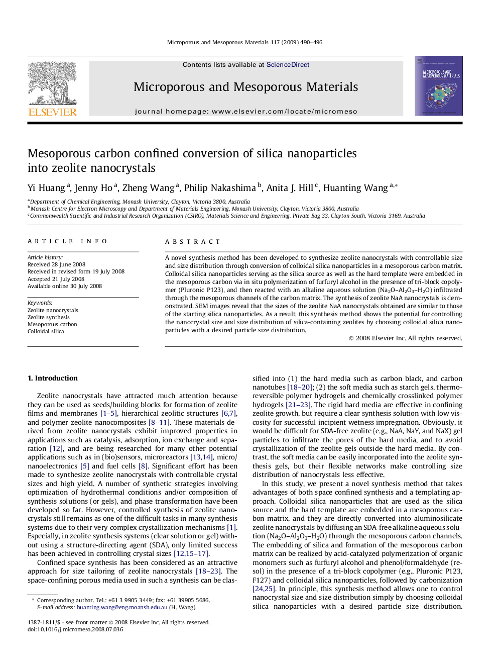 Mesoporous carbon confined conversion of silica nanoparticles into zeolite nanocrystals