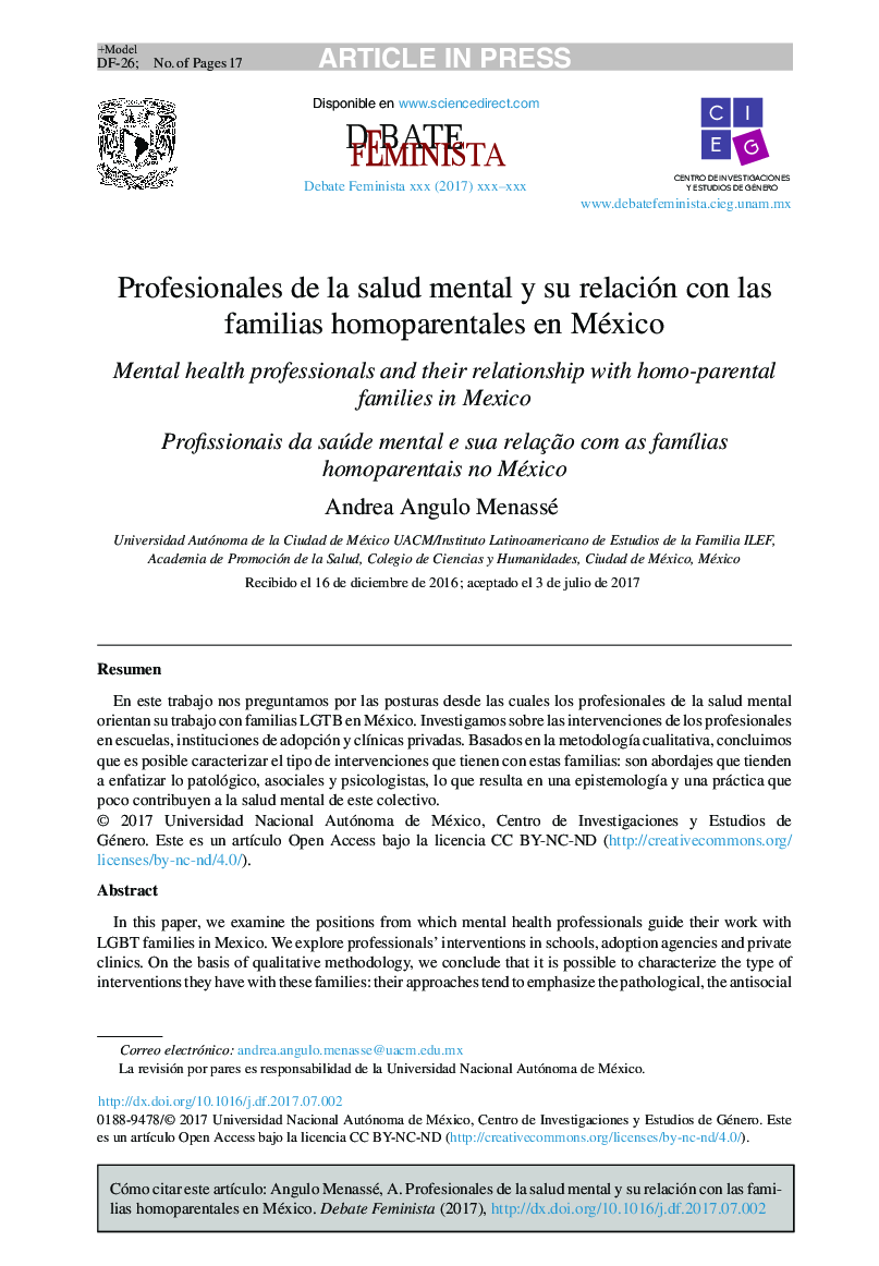 Profesionales de la salud mental y su relación con las familias homoparentales en México