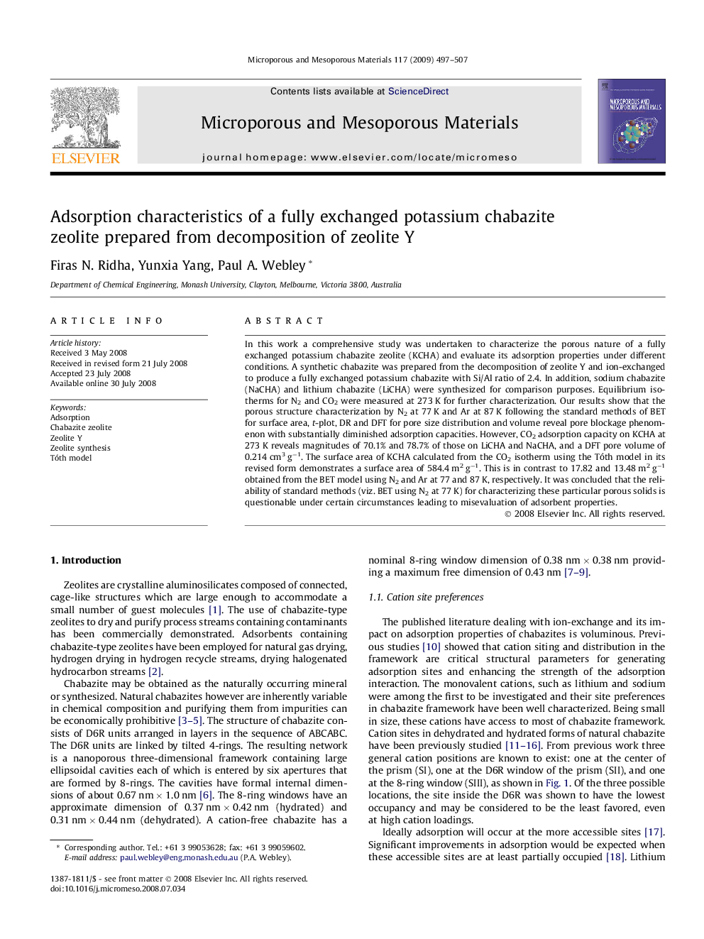 Adsorption characteristics of a fully exchanged potassium chabazite zeolite prepared from decomposition of zeolite Y