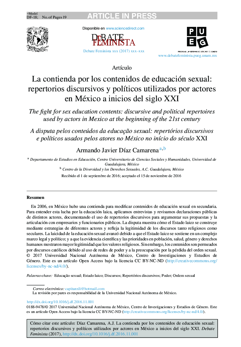 La contienda por los contenidos de educación sexual: repertorios discursivos y polÃ­ticos utilizados por actores en México a inicios del siglo XXI