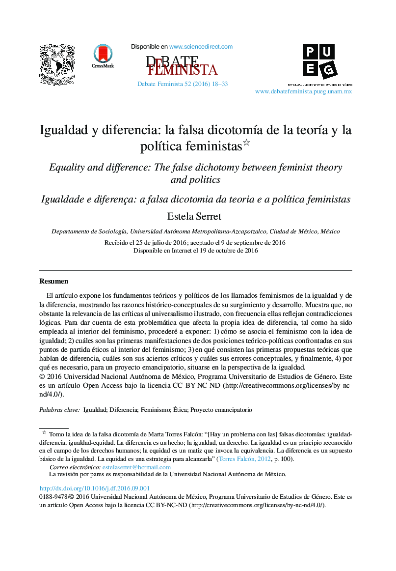 Igualdad y diferencia: la falsa dicotomÃ­a de la teorÃ­a y la polÃ­tica feministas