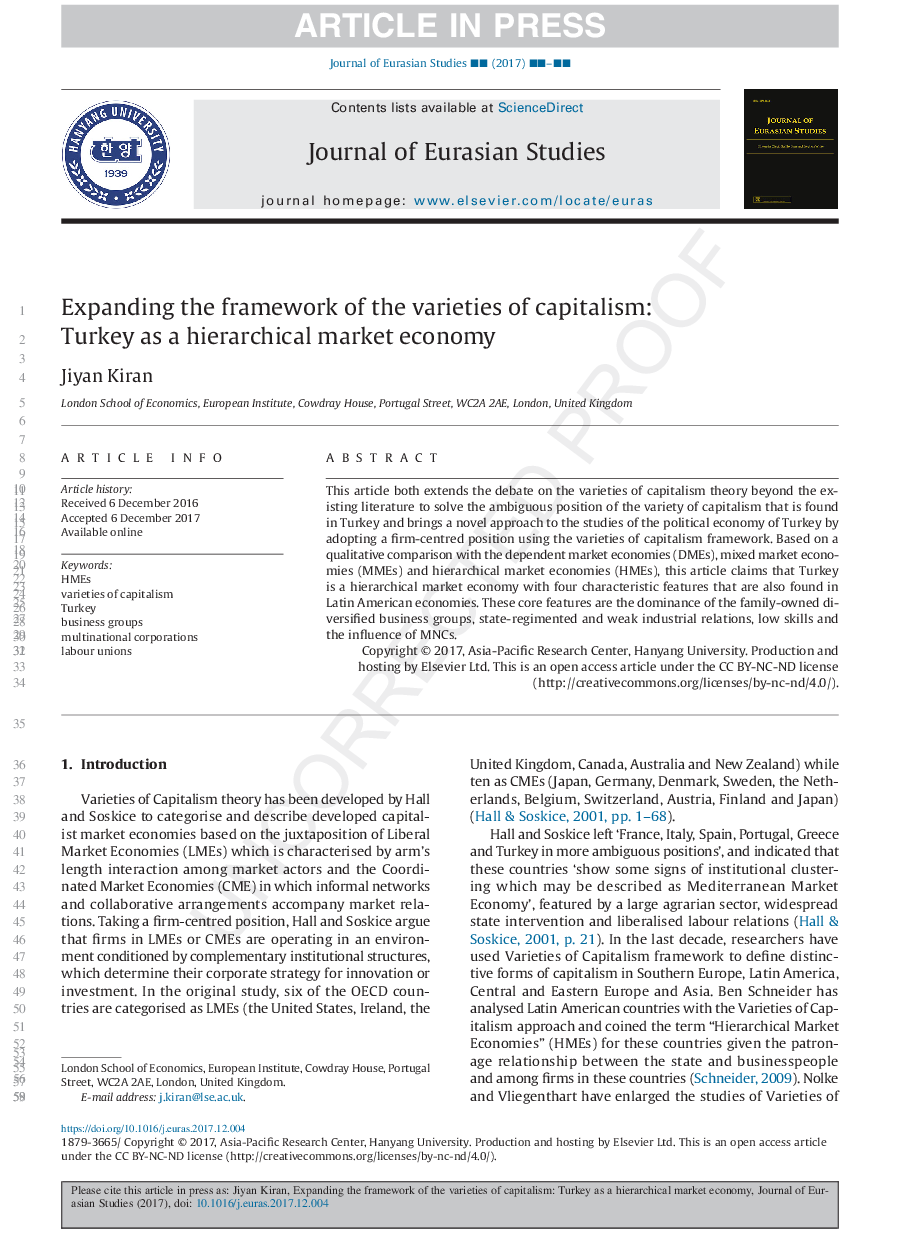 Expanding the framework of the varieties of capitalism: Turkey as a hierarchical market economy