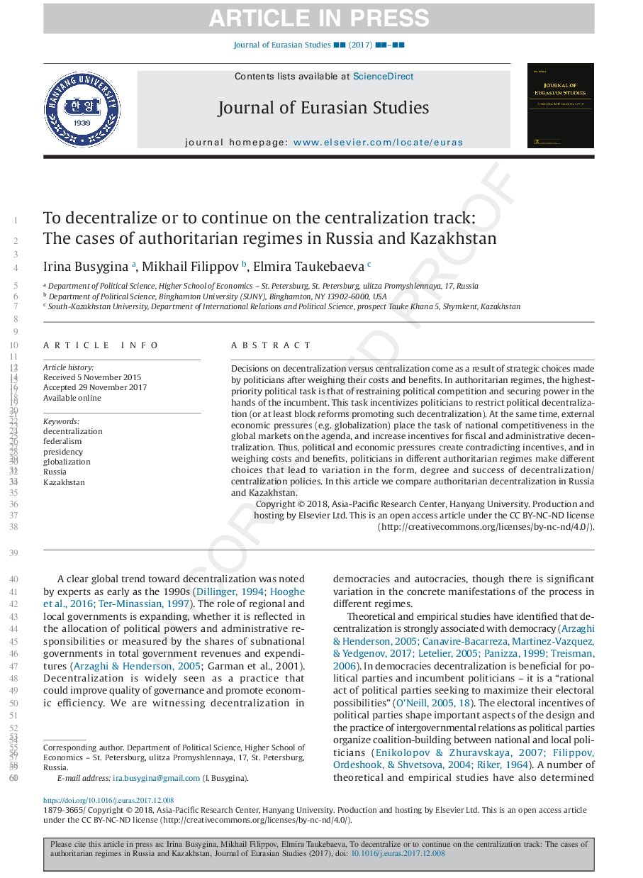 To decentralize or to continue on the centralization track: The cases of authoritarian regimes in Russia and Kazakhstan