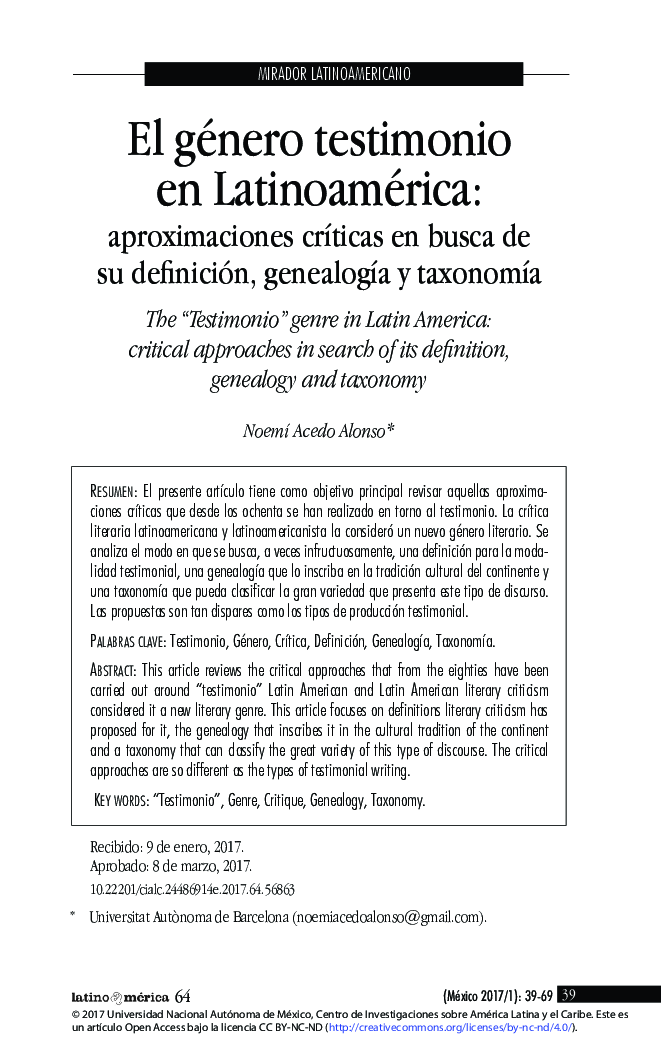 El Género testimonio en Latinoamérica: aproximaciones crÃ­ticas en busca de su definición, genealogÃ­a y taxonomÃ­a