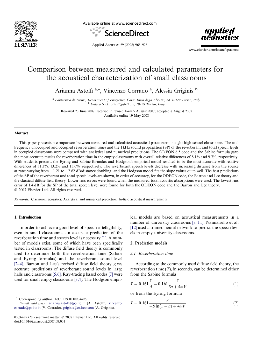 Comparison between measured and calculated parameters for the acoustical characterization of small classrooms