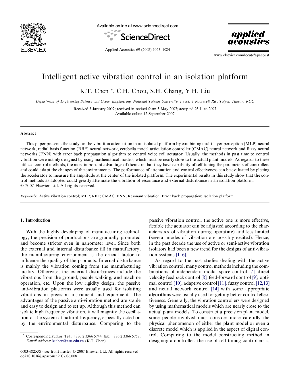 Intelligent active vibration control in an isolation platform