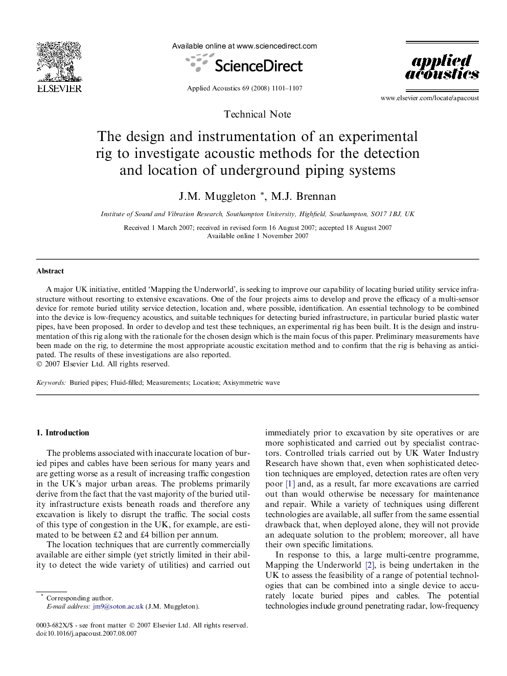 The design and instrumentation of an experimental rig to investigate acoustic methods for the detection and location of underground piping systems