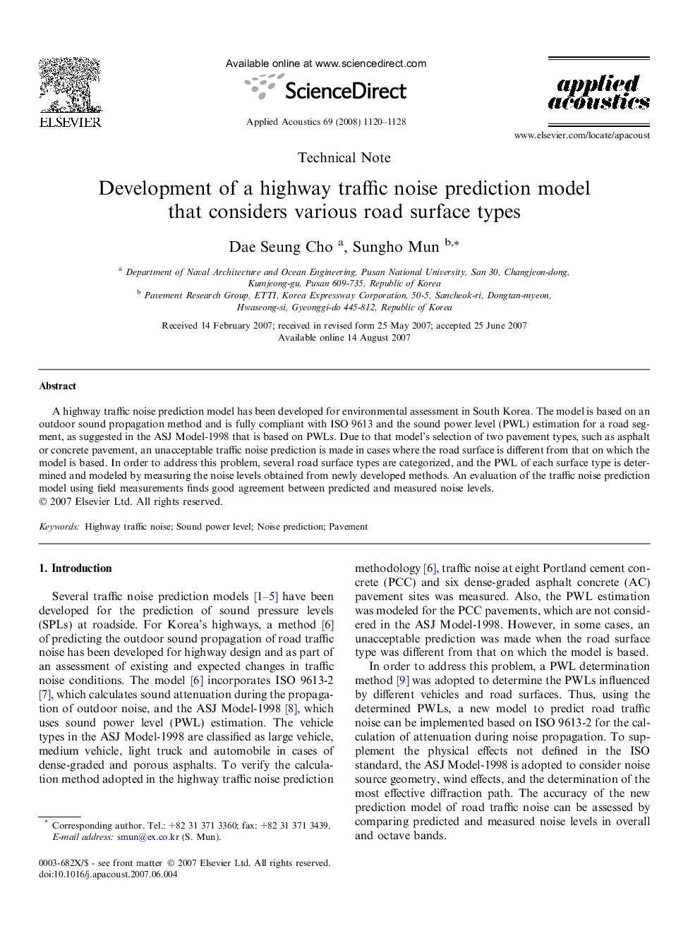 Development of a highway traffic noise prediction model that considers various road surface types