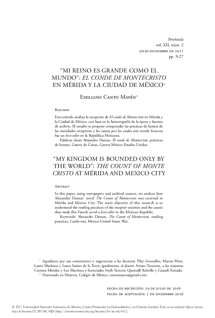 “MI REINO ES GRANDE COMO EL MUNDO”: EL CONDE DE MONTECRISTO EN MÃRIDA Y LA CIUDAD DE MÃXICO