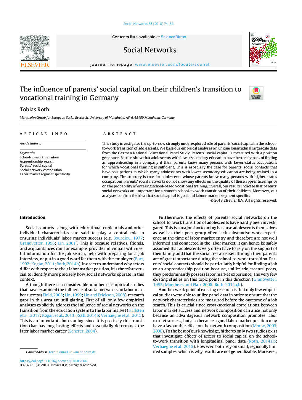 The influence of parents' social capital on their children's transition to vocational training in Germany