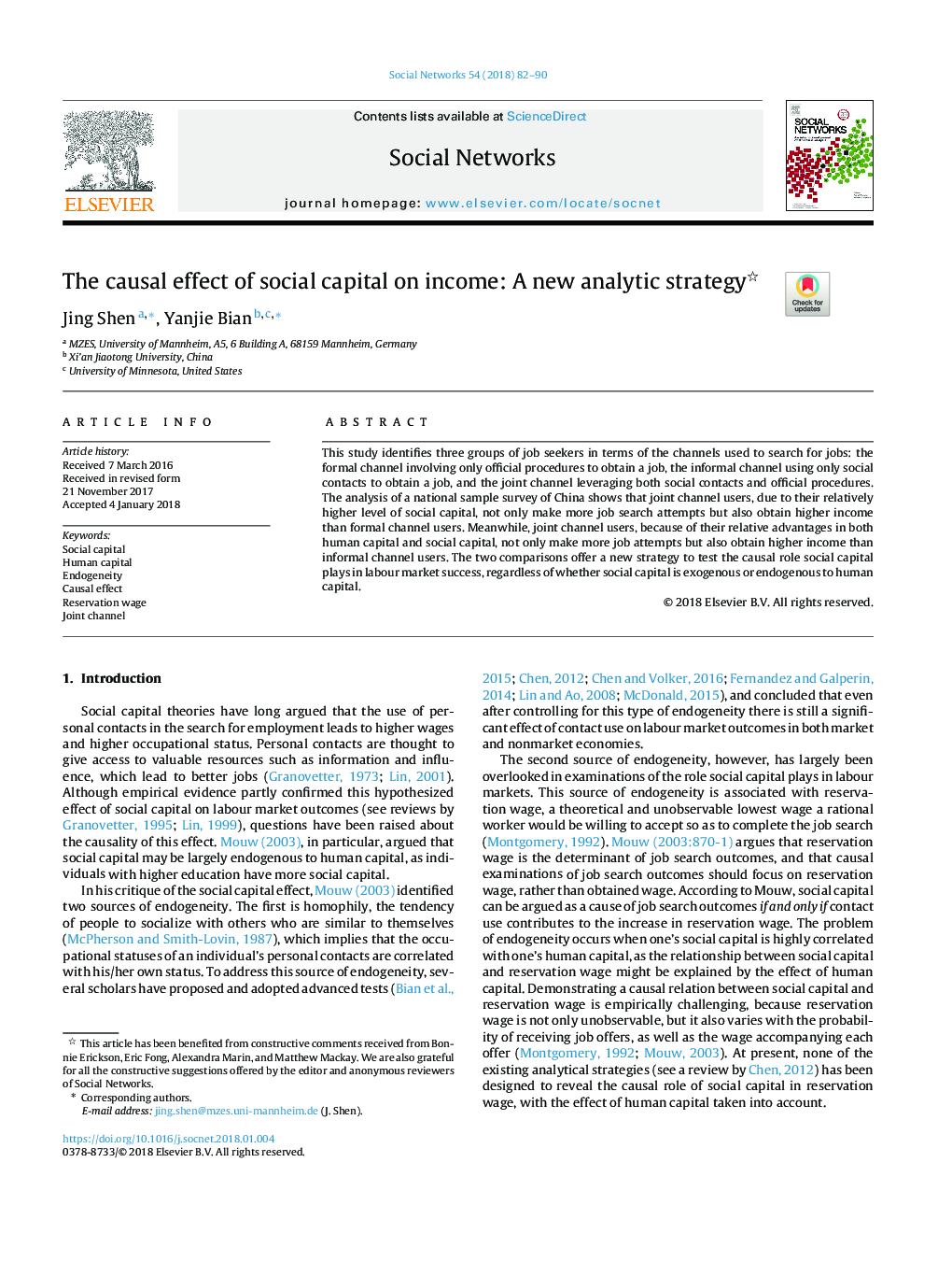 The causal effect of social capital on income: A new analytic strategy