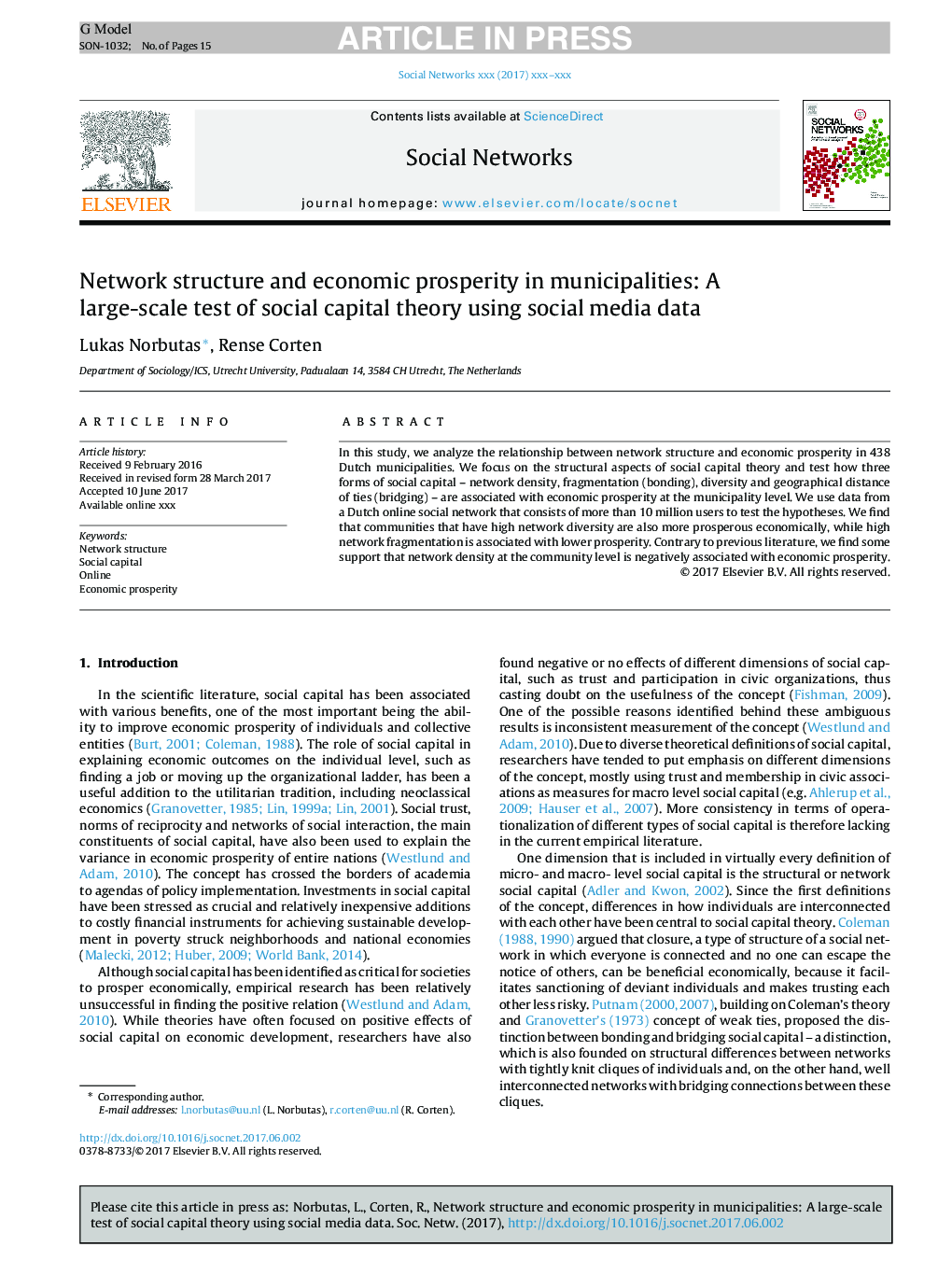 Network structure and economic prosperity in municipalities: A large-scale test of social capital theory using social media data