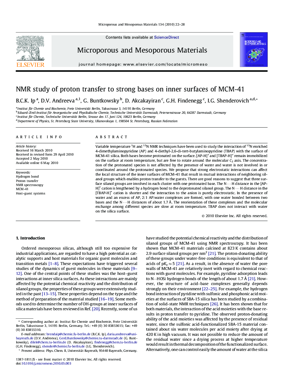 NMR study of proton transfer to strong bases on inner surfaces of MCM-41