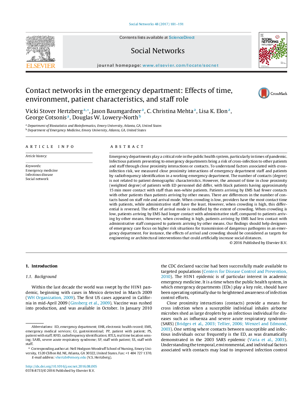 Contact networks in the emergency department: Effects of time, environment, patient characteristics, and staff role