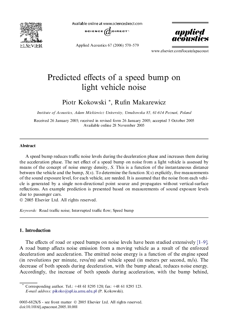 Predicted effects of a speed bump on light vehicle noise