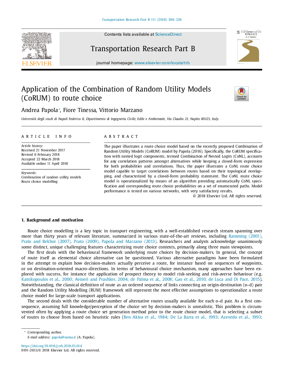 Application of the Combination of Random Utility Models (CoRUM) to route choice