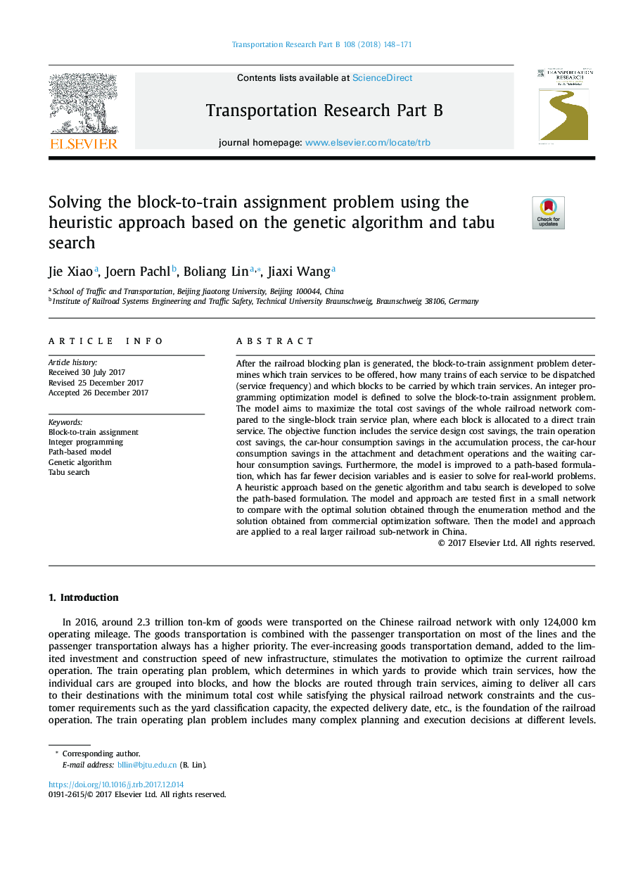 Solving the block-to-train assignment problem using the heuristic approach based on the genetic algorithm and tabu search