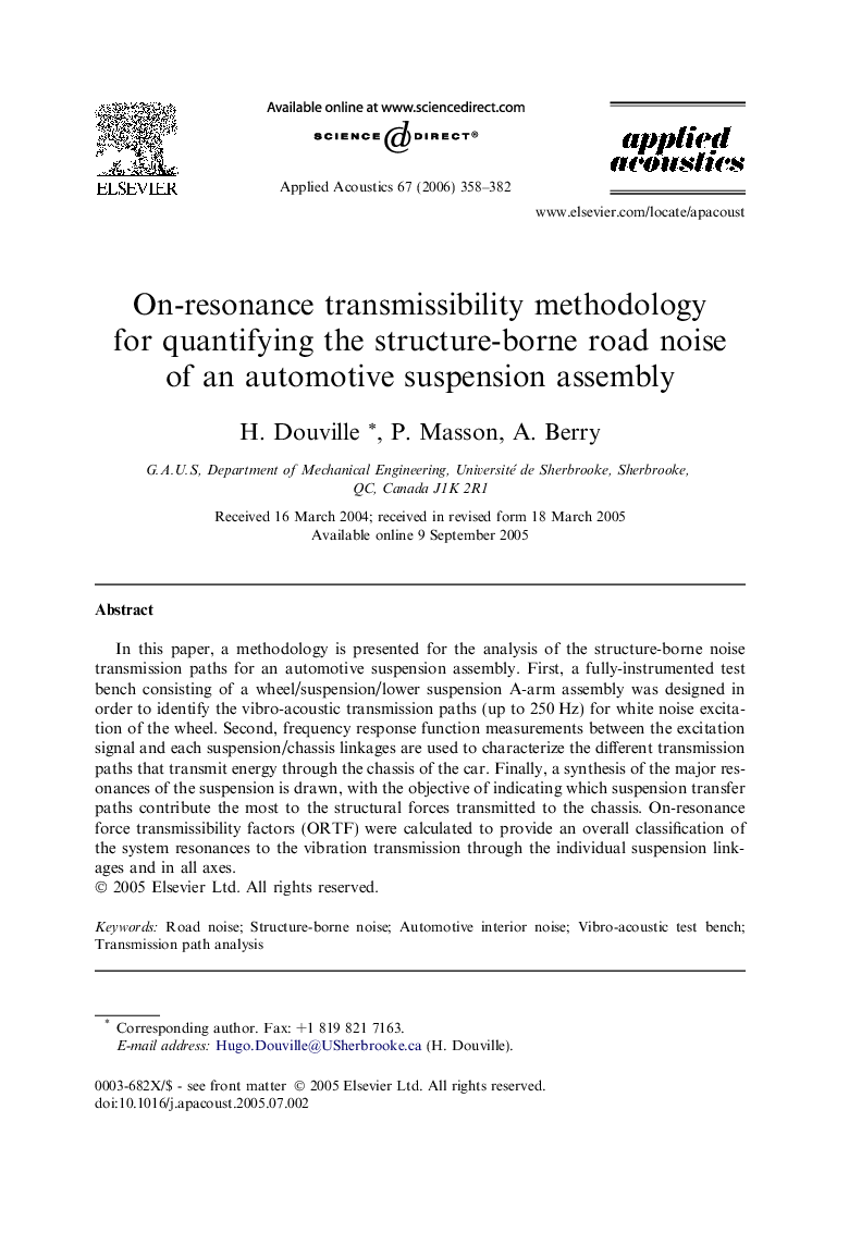 On-resonance transmissibility methodology for quantifying the structure-borne road noise of an automotive suspension assembly