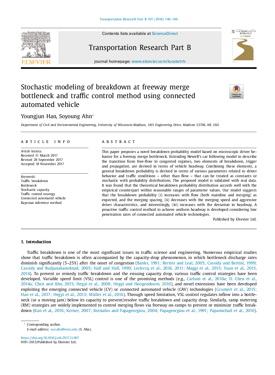 Stochastic modeling of breakdown at freeway merge bottleneck and traffic control method using connected automated vehicle