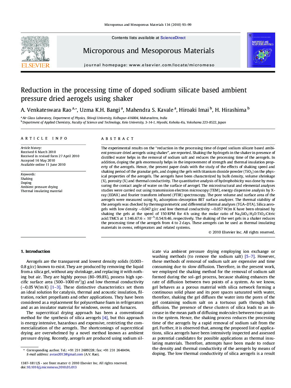 Reduction in the processing time of doped sodium silicate based ambient pressure dried aerogels using shaker