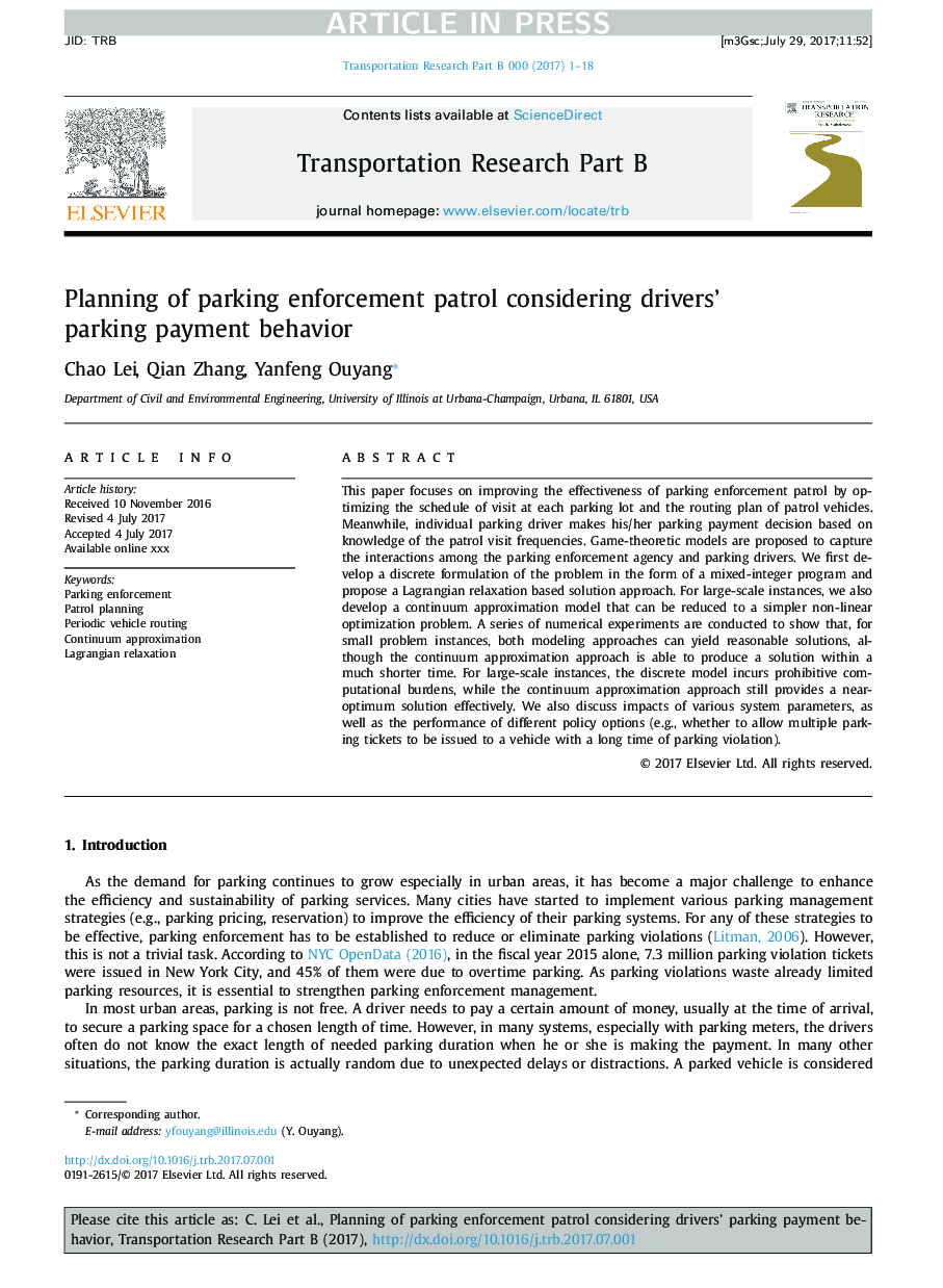 Planning of parking enforcement patrol considering drivers' parking payment behavior