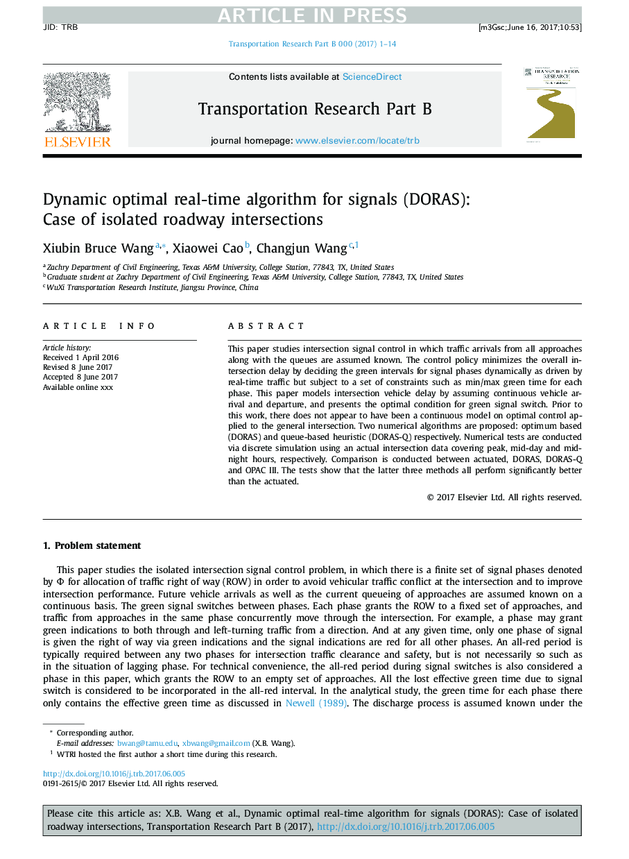 Dynamic optimal real-time algorithm for signals (DORAS): Case of isolated roadway intersections