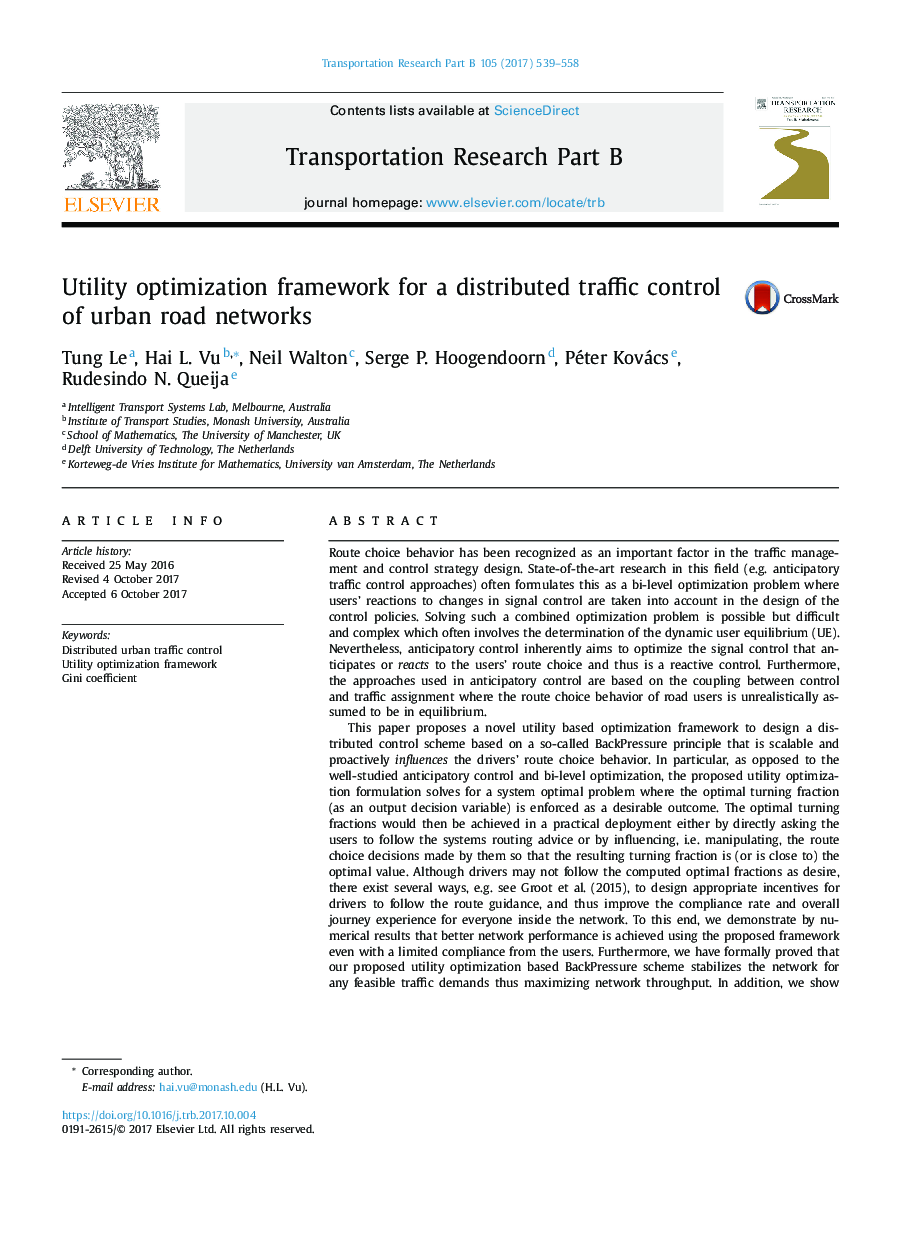 چارچوب بهینه سازی سودمند برای کنترل ترافیکی شبکه های جاده ای شهری 