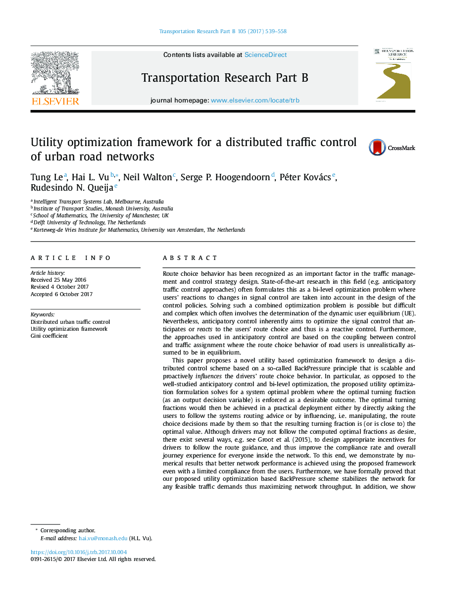 Utility optimization framework for a distributed traffic control of urban road networks